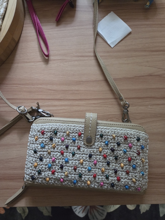 The Sak Handbags - The Sak Beige Crochet Crossbody Wallet with Multicolor Beads